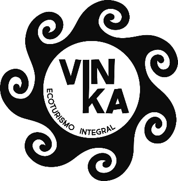 Isologo de empresa: figura de círculo central blanco indicando el nombre de la empresa en el interior: “VINKA Ecoturismo Integral”, rodeada de 7 espirales en el exterior.